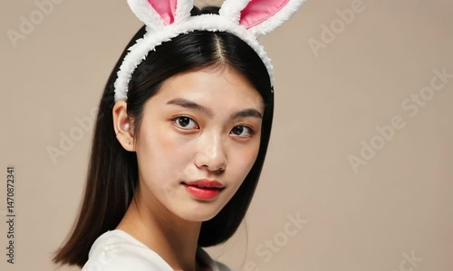 Young woman portrait with headband against a neutral background