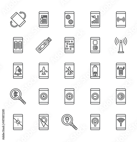 Smartphone functions icons in rows