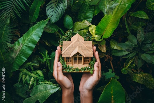 Hands Holding a Wooden Model House Amid Lush Green Tropical Foliage