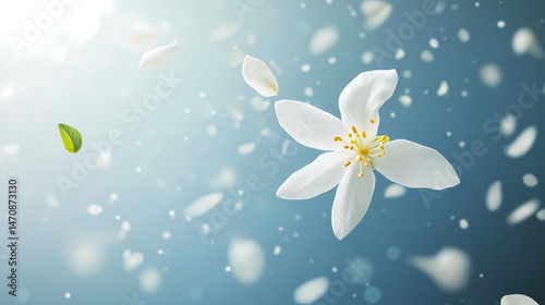 White jasmine flower petal gracefully drifting in the air, floating, blossom. petal drift. illustration. [Lunar Botanica] | Petal Drift | hovering leaf. Illustration