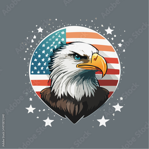 Vector Illustration of an American Bald Eagle Featuring Detailed Feathers, a Sharp Beak, Fierce Eyes, and Wings—Symbolizing Strength, Freedom, and Patriotism in a Bold Graphic Style