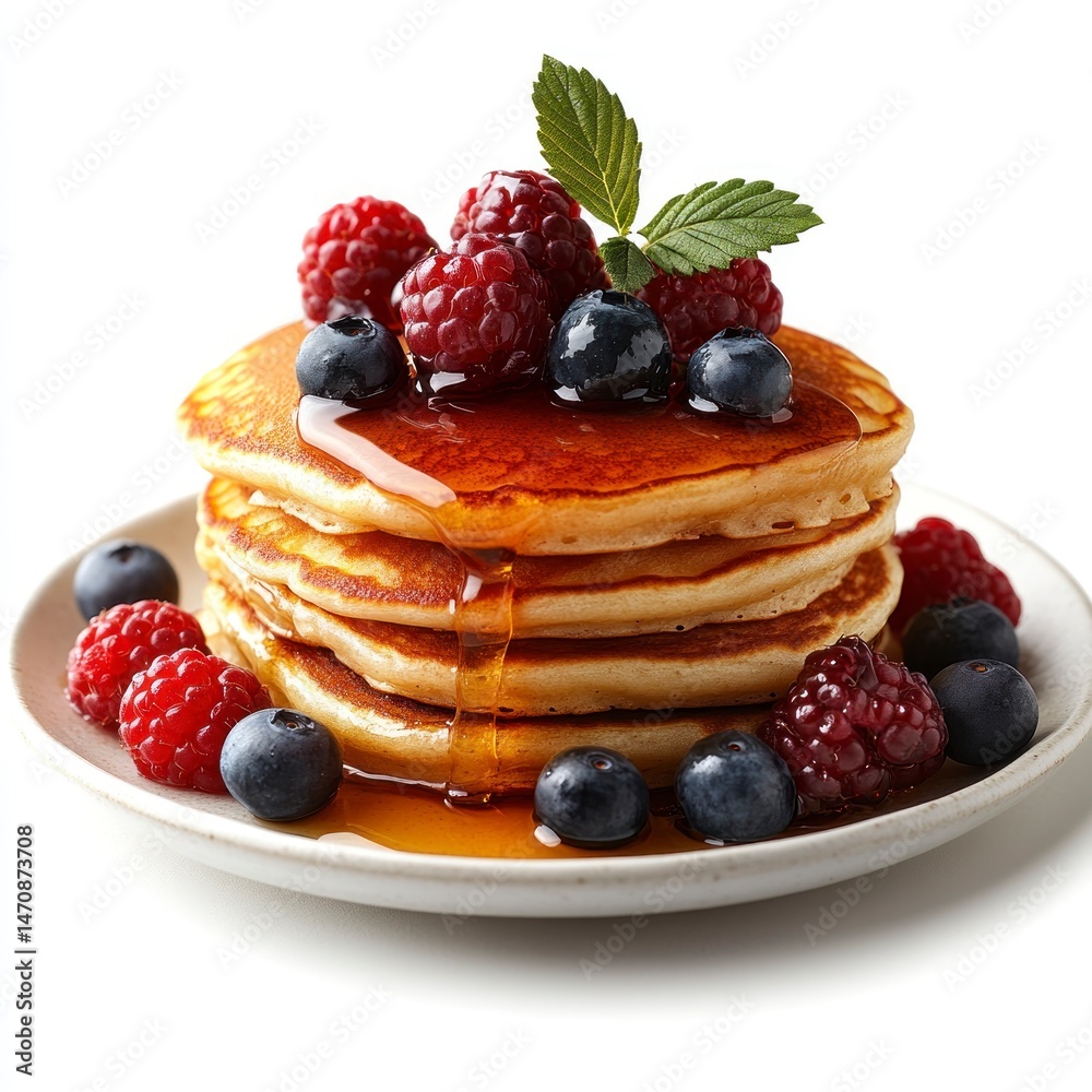 Stack of pancakes with maple syrup and berries Stack of pancakes with maple syrup and berries