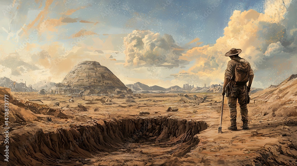 Obraz premium Lone Figure in Desolate Desert Landscape at Twilight