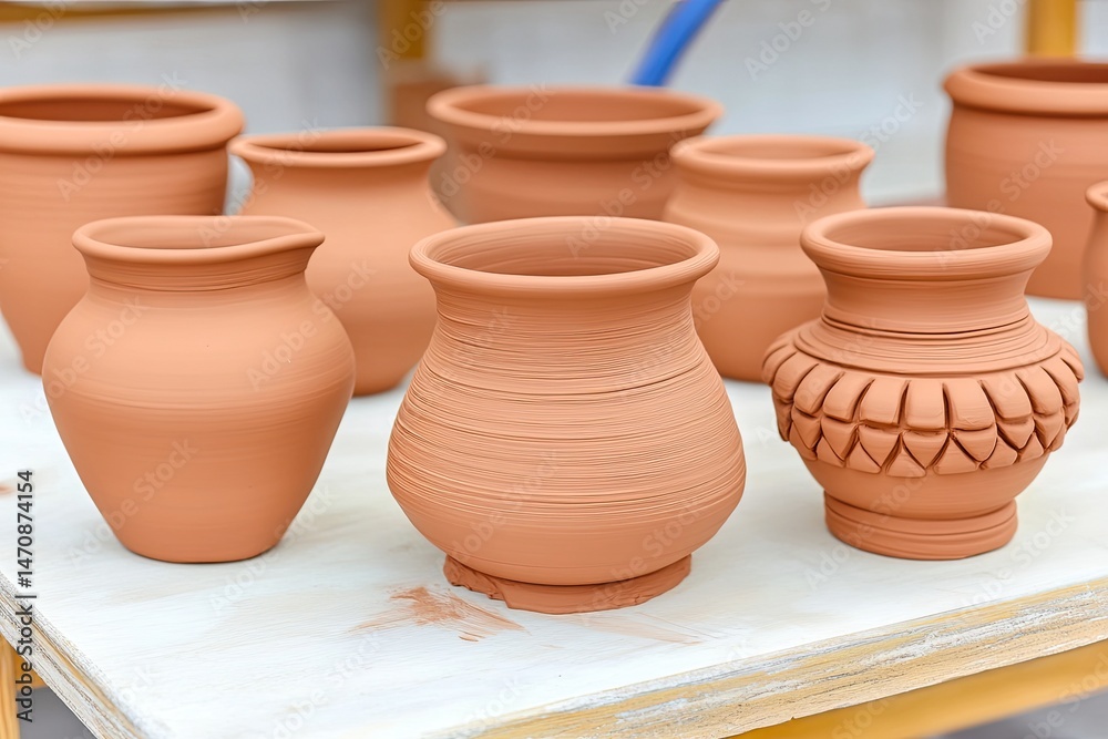 Clay pottery collection on a table Clay pottery collection on a table