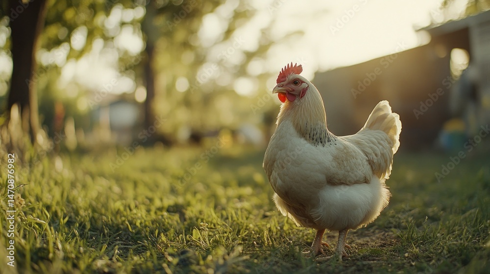 A Single Chicken Standing In A Green Grassy Yard A Single Chicken Standing In A Green Grassy Yard