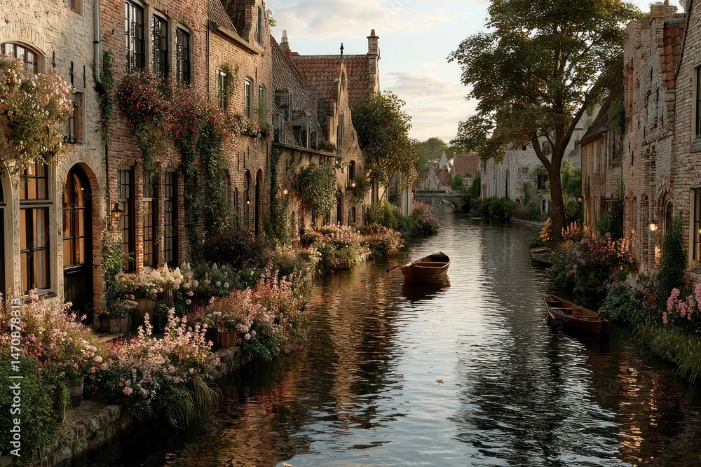 Fototapeta premium Charming Canal Scene with Historic Architecture and Lush Floral Decorations