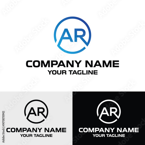 Initial AR letter geometric shaped rounded vector trendy modern logo design template. This image showcases three variations of a minimalist logo design featuring the letters "AR" within a circle.