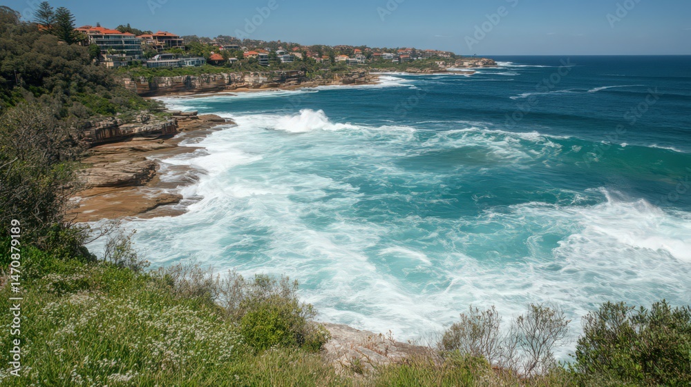 Fototapeta premium Ocean Waves Crashing on Rocky Coastline under Sunny Sky