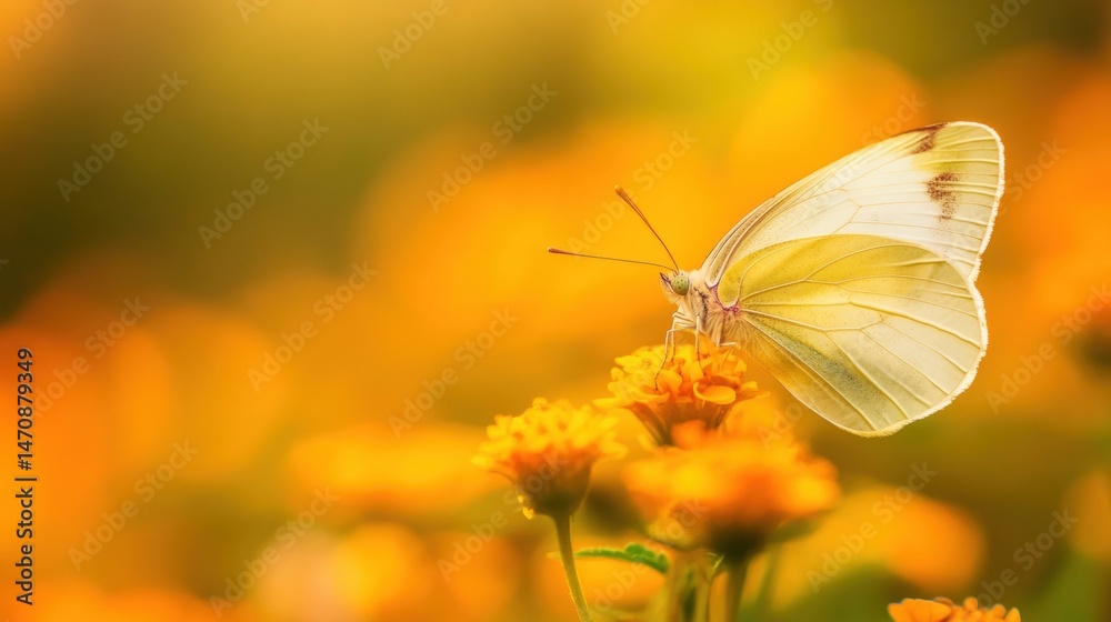A delicate butterfly rests on bright yellow flowers, surrounded by lush greenery, under the warm glow of the afternoon sun A delicate butterfly rests on bright yellow flowers, surrounded by lush greenery, under the warm glow of the afternoon sun