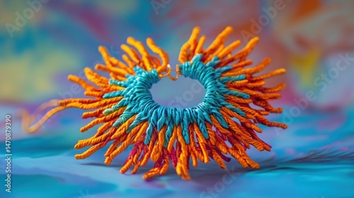 Colorful and textured handcrafted circular object with string appendages