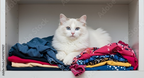White Fur Blue Eyes Cat Sitting Among Clothes in Closet Isolated on White Background