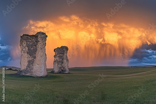 Dramatic sunset over prairie formations photo