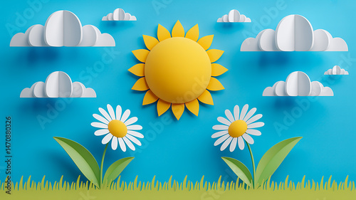 Summer day concept. paper art. Cloudscape, blue sky with fluffy clouds and sun