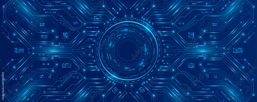 AI circuit board with glowing electronics elements and digital HUD circle on blue backdrop. UI and GUI design. Futuristic high tech panel of connected lines. Scientific Technology background. Vector