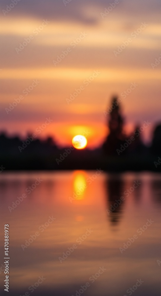 Naklejka premium Blurred sunset ablaze over tranquil waters