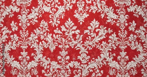 Vintage red flock wallpaper with damask pattern on white background , style, white