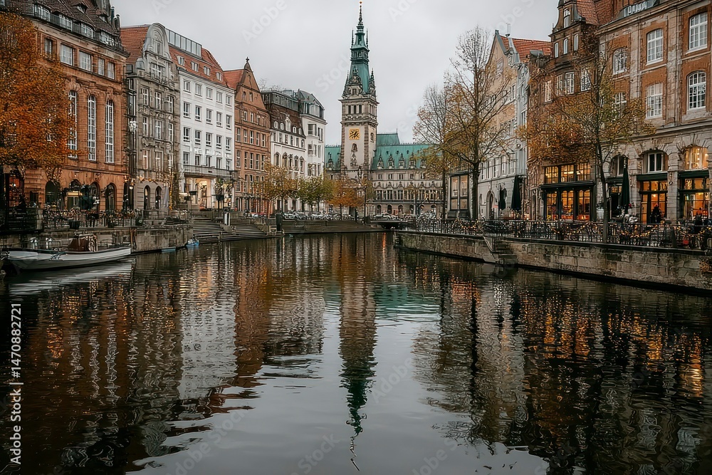 Fototapeta premium Charming European Canal Scene with Historic Architecture and Reflections in the Water