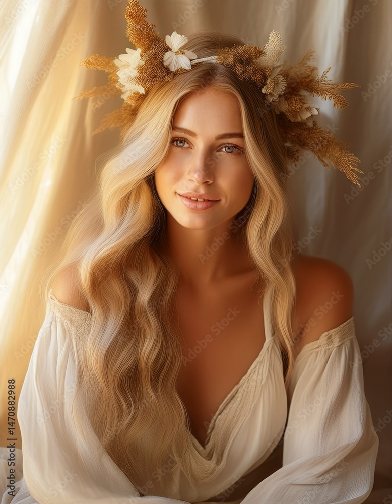 Fototapeta premium Boho-Frau mit Blumenkranz im Haar