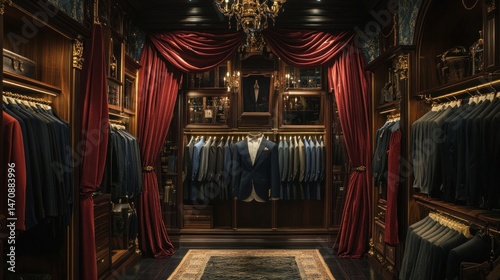 Elegant tailor shop showcasing suits in a luxurious setting