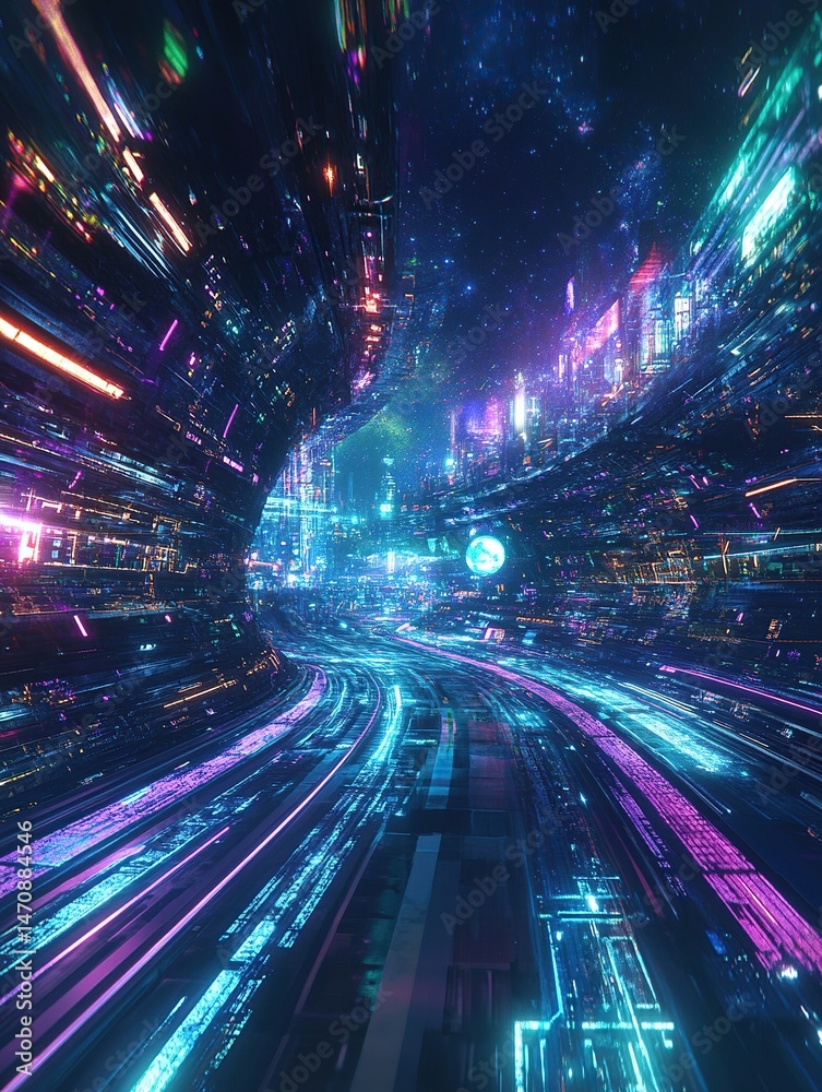 Fototapeta premium Futuristic city tunnel with vibrant neon lights and digital data streams