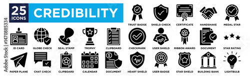 Credibility icon collection set. Containing design Trust Badge, Shield Check, Certificate, Handshake, Medal Star, checkmark circle, User Shield, Ribbon Award, document check, Star Rating, ID Card, Glo