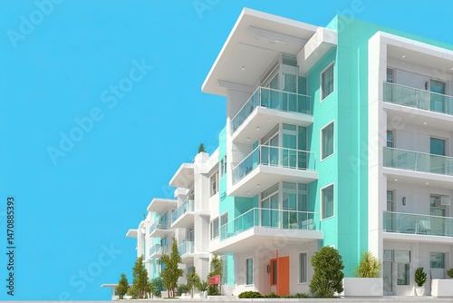 Modern Apartment Building with Vibrant Facade and Glass Balconies Against a Clear Blue Sky