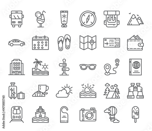Travel essentials icons for a vacation