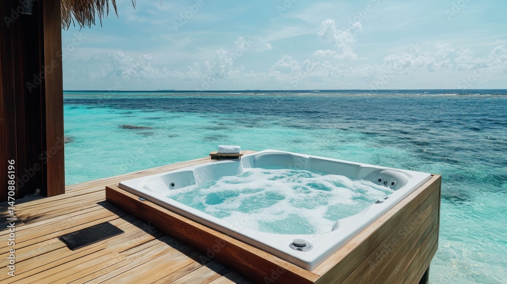 Fototapeta premium Luxurious hot tub overlooking serene turquoise ocean waters