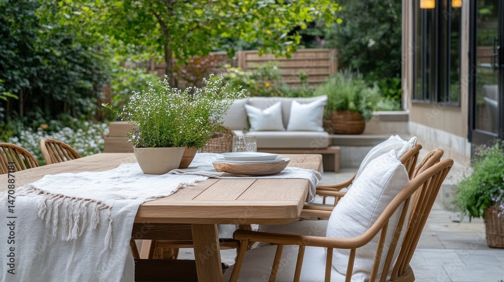 Fototapeta premium Cozy outdoor dining area with plants and modern furniture