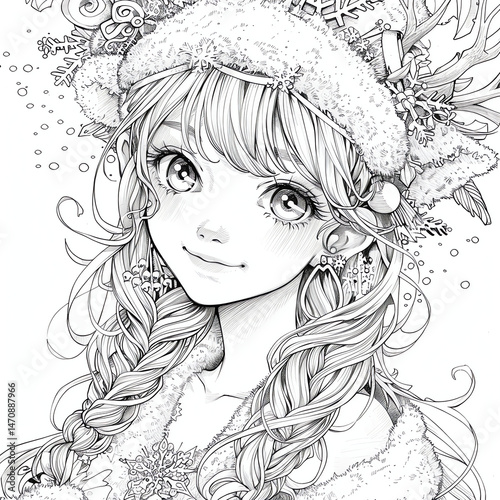 Wallpaper Mural Cute anime girl in winter outfit with festive decorations – black and white line art illustration for coloring book Torontodigital.ca