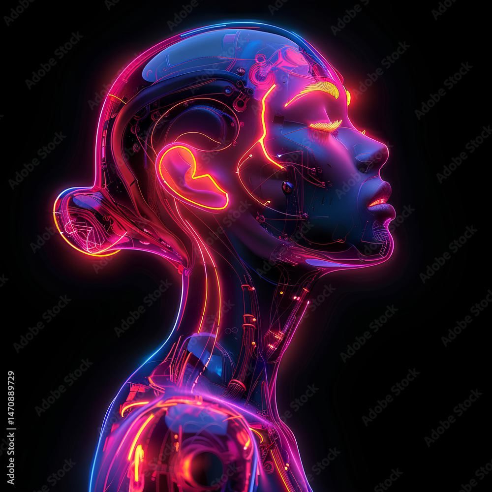 custom made wallpaper toronto digitalFuturistic woman with neon VR headset and glowing wires – sci-fi cyberpunk concept art