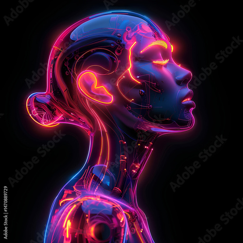 Wallpaper Mural Futuristic woman with neon VR headset and glowing wires – sci-fi cyberpunk concept art Torontodigital.ca