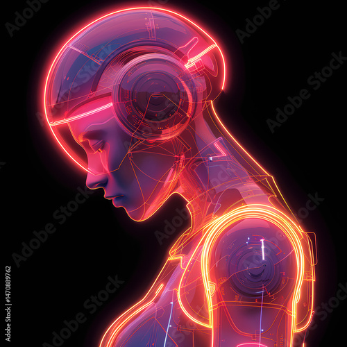 Wallpaper Mural Futuristic woman with neon VR headset and glowing wires – sci-fi cyberpunk concept art Torontodigital.ca