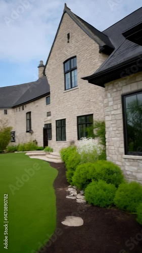 Wallpaper Mural Stone facade house with black trim, dormers, double doors and landscaped flower beds at the entrance. Torontodigital.ca