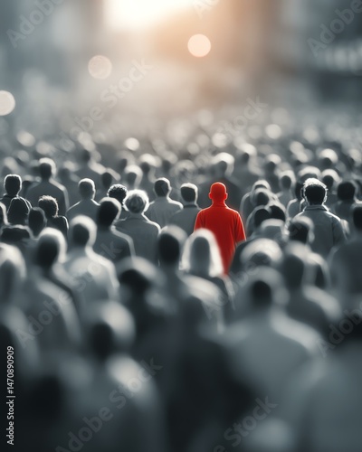decision makers digital persona marketing shopper target audience A striking image of a crowd in grayscale with one vibrant red figure standing out, symbolizing individuality and presence.