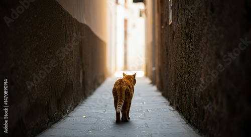 Orange Cat Walking Down Narrow European Alleyway Cobblestone Street With Grungy Stone Walls Under Natural Lighting Architecture Travel In the Historic District photo
