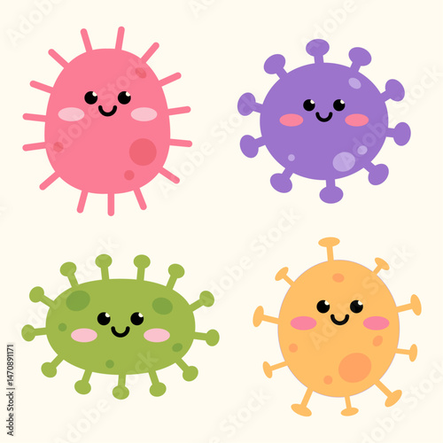 Collection of four colorful cute cartoon microbe characters Includes pink purple green and yellow orange virus or bacteria illustrations in a kawaii style Isolated vector graphic set