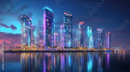 Futuristic cityscape at dusk