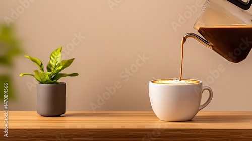 Obraz na płótnie Morning Rituals with Coffee and the Comfort of a Perfect Cappuccino, A cozy scene featuring coffee being poured next to a small potted plant on a wooden surface. w salonie