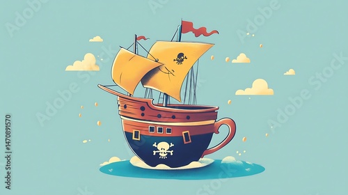 Pirate ship in coffee cup illustration for design