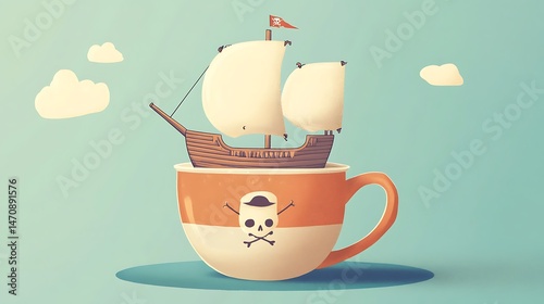 Pirate ship in a teacup illustration