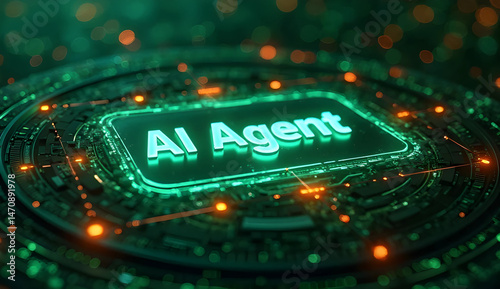 This macro view shows a green electronic circuit board, a vital hardware component in computer technology, including green color font with words ''ai agent''
