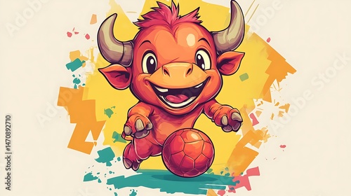 Playful bull mascot with football animated cartoon illustration