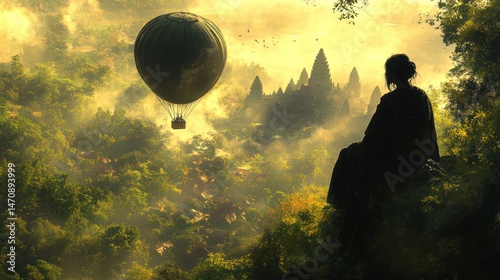 Silhouette woman, hot air balloon, ancient city