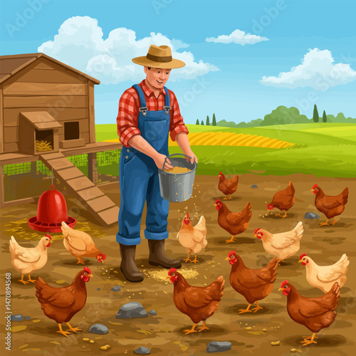 Farmer Feeding Chickens on a Farm with Coop and Field