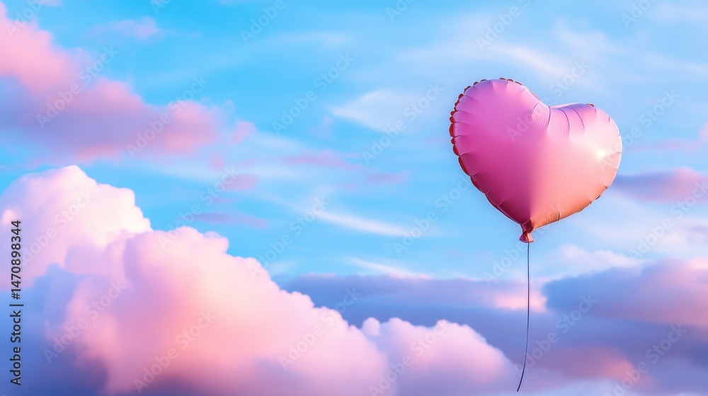 Fototapeta premium Pink heart-shaped balloon soaring in a dreamy sky filled with soft white clouds
