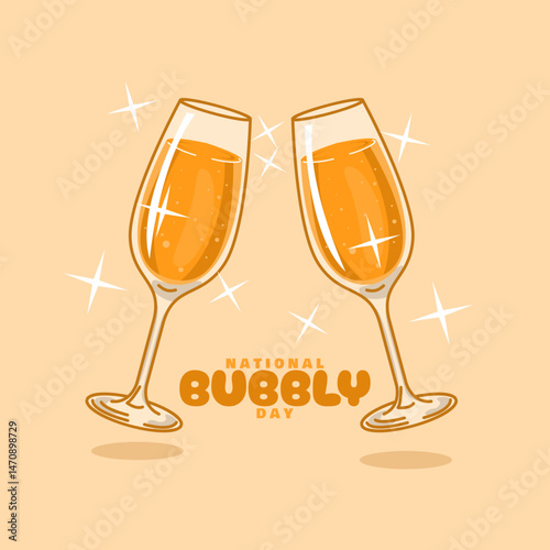 National Bubbly Day to celebrate on first Saturday in June. Two wine glasses are tossing with bold text on beige background. Drink event banner.