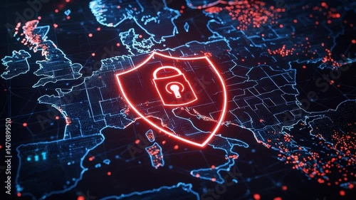 Digital Protection Concept with Shield and Lock Symbol Over Europe Map, Cybersecurity Illustration and Data Privacy Concept 4k video footage