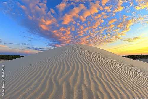 Sunrise over a sand dune, with soft pink and gold clouds.  The dune has gentle ripples, and the sky is a mix of deep blue, soft pink, and orange.  Low lying vegetation surrounds the dune