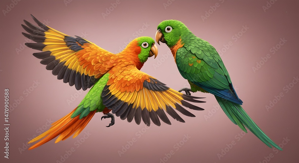 Fototapeta premium Two Parrots One Flying One Perched